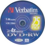 VERBATIM DVD47 PLUSRW+RW 4.7GB 4X REWRITABLE 25 IN CAKEBOX 43489