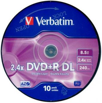 VERBATIM 8.5GB DUAL LAYER NON-PRINTABLE, +r, 2.4x 10 PACK. code: VERBATIM 43562