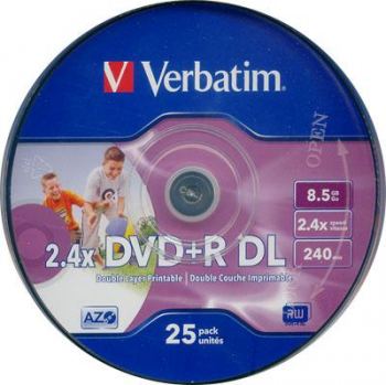 VERBATIM 8.5GB DUAL LAYER+R 2.4X PHOTO PRINTABLE 25 PACK. code: VERBATIM 43572