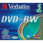 VERBATIM DVD-RW 4.7GB REWRITABLE 4X COLOURED 5 PACK 43563