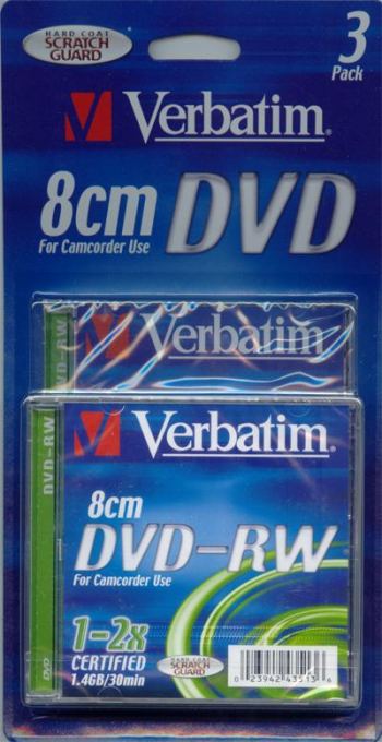 VERBATIM 1.4GB -R 1-2X 8CM DVD FOR CAMCORDERS IN TRIPLE PACK COMPUTER, CD & DVD SUPPLIES