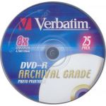 VERBATIM DVD -R 4.7GB 8x 3/4 INKJET PHOTO PRINTABLE WHITE. ARCHIVAL GRADE. 25 PACK.(43634)
