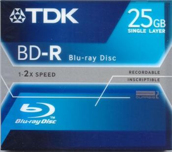 TDK BLU RAY SINGLE LAYER, 25GB, 1-2x, 135 MIN HD VIDEO, 9MB PER SECOND. code:  BD-R25JC2XE