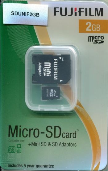 FUJI 2GB SECURE DIGITAL UNIVERSAL CARD - USE AS MICRO SD CARD OR WITH ADAPTORS SUPPLIED AS EITHER MINI SD OR FULL SIZED SD.    DIGITAL CAMERA PHOTOGRAPHIC SUPPLIES