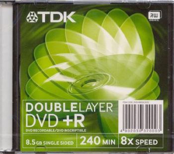 TDK 8.5GB DUAL LAYER +r 8x IN SLIMLINE JEWELLED CASE.