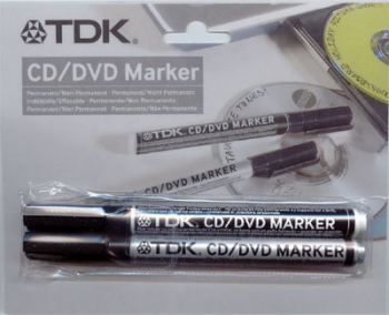     TDK CD/DVD MARKER. 2 PENS - ONE IS PERMANENT THE OTHER CAN BE WIPED OFF WITH A DAMP CLOTH. CD/DVD SUPPLIES.