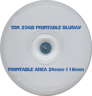 TDK BLU RAY SINGLE LAYER, 25 CAKEBOX, 25GB, 1-2x, WHITE INKJET PRINTABLE 24mm TO 118mm. 135 MIN HD VIDEO, 9MB PER SECOND. code: BD-R25PWX25CB
