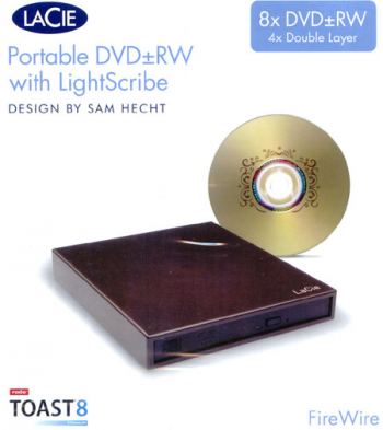 LACIE LIGHTSCRIBE DVD 4.7GB + & -r @8x and REWRITABLE, CD up to 24x, DVD-RAM @5x, DVD 8.5GB + & -r @4x.  FW400. WITH TOAST FOR MAC. code: LACIE 301231