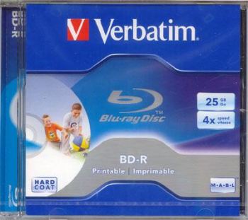 VERBATIM BLU RAY SINGLE LAYER, JEWEL CASE, 25GB, 4x, WHITE INKJET PRINTABLE 40mm TO 118mm. 135 MIN HD VIDEO, 9MB PER SECOND COMPUTER CD/DVD SUPPLIES