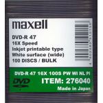 MAXELL  DVD -R 4.7GB FULL INKJET PRINTABLE 16x IN 100 BULK PACK. code: 276040.00
