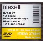 MAXELL  DVD -R 4.7GB INKJET PRINTABLE SURFACE TO OUTER RING 16x 100 PACK code: 276041.00