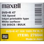 MAXELL  DVD +R 4.7GB 3/4 (to first ring) INKJET PRINTABLE 16x IN 100 BULK PACK. code: 276044.00