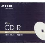 TDK CDR 80MIN 52x INKJET PRINTABLE IN SLIM JEWELLED CASE PACK OF 10.